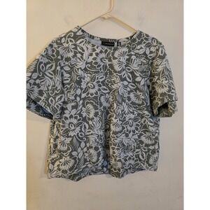 Rafaella‎ Women's Sz Large Grn/White Floral Linen Blend Short Sleeve Costal Top